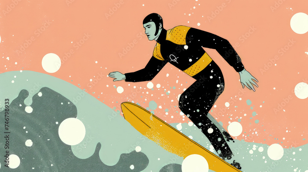 A man confidently stands on a surfboard riding a powerful wave in the ocean, showcasing impressive balance and skill in this extreme water sport