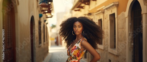 fashion outdoor photo of beautiful sexy woman . African woman walking through the streets of Europe. Travel concept.