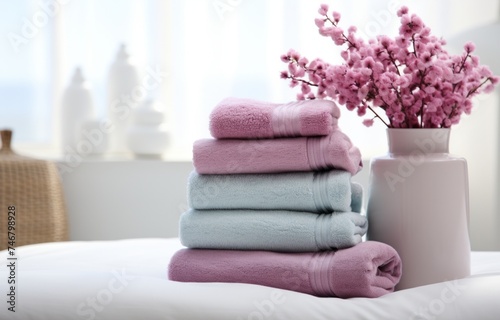 towels piled up with vase, bed, pillows, and bedsheets