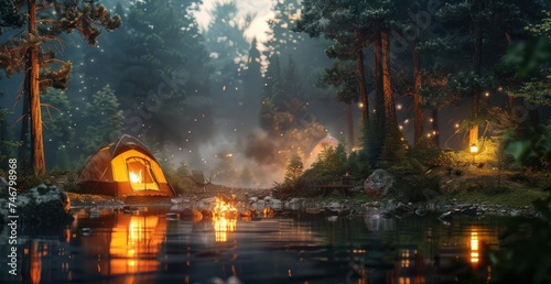 camping in the woods relaxing at the fire pit