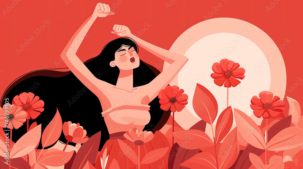 A woman is standing tall in a vibrant field of blooming flowers, their colorful petals contrasting against the green stems A woman is standing tall in a vibrant field of blooming flowers, their colorful petals contrasting against the green stems