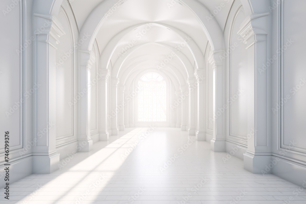 a white hallway with arched ceiling and a light coming through - obrazy, fototapety, plakaty 