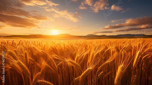 As the sun sets in the west  the golden wheat fields stretch to the horizon