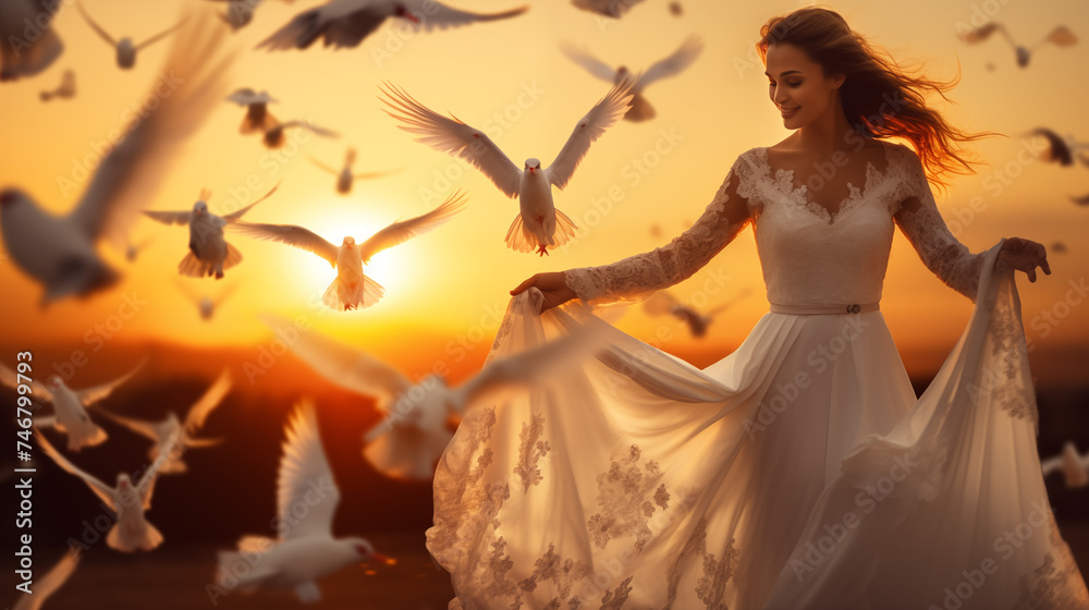  a young woman in a white wedding dress holding out her hand and doves landing.