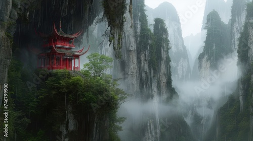 a painting of a mountain landscape with a pagoda in the middle of the cliffs and fog in the air. photo