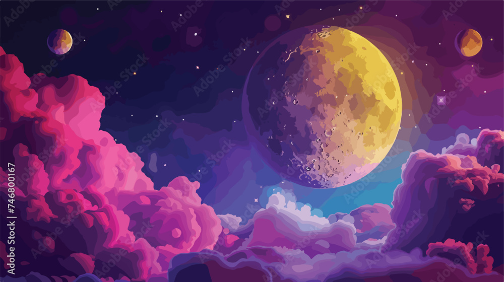 Cartoon yellow moon with craters floats in purple tu - obrazy, fototapety, plakaty 
