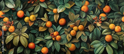 A vibrant painting depicting a bountiful display of Mandar Orange Citrus Reticulata foliage with ripe fruits hanging from a tree.