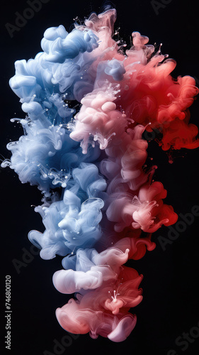 A captivating dance of red and blue inks mingle in water, forming an abstract vertical plume against a dark background.