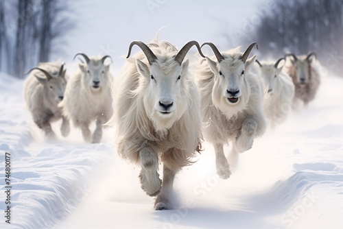 a group of white goats running in the snow