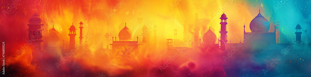 India background of colorful Indian travel landscape. Hindu festival of colours. Colorful Gulal for indian festival. Happy Holi. Design for card, poster, banner with copy space - obrazy, fototapety, plakaty 