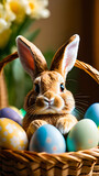 cute easter bunny in an easter basket full of colourful easter eggs, easter rabbit, vibrant, springtime joy, spring holiday, festive easter surprise
