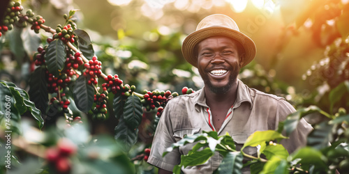 Farmer or picker working on his coffee farm. Local black man smiling, red berries growing on bushes near. Generative AI photo