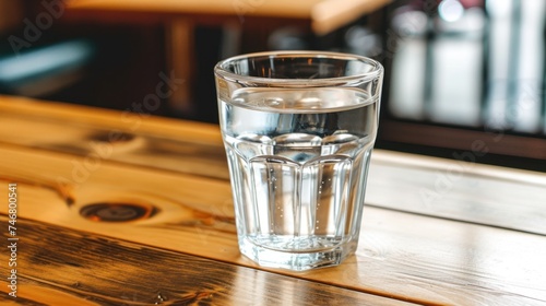 a glass filled with water sitting on top of a wooden table next to a bottle of water on top of a wooden table. photo