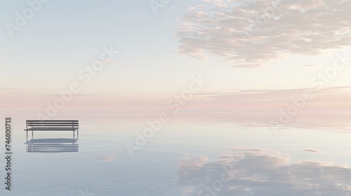 a bench sitting in the middle of a large body of water with a sky in the background and clouds in the sky.