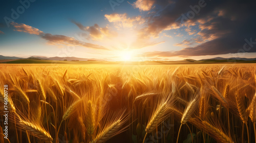 As the sun sets in the west, the golden wheat fields stretch to the horizon