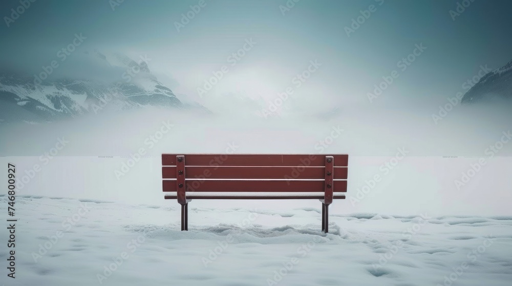 a red park bench sitting in the middle of a snow covered field with a mountain in the backgroud.