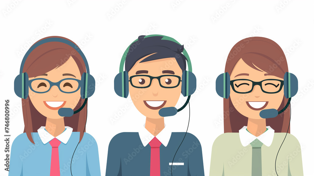 Friendly Customer Service Team Cartoon. Cartoon illustration of a cheerful customer service team wearing headsets ready to assist. Call center, Business and communication concepts. Friendly Customer Service Team Cartoon. Cartoon illustration of a cheerful customer service team wearing headsets ready to assist. Call center, Business and communication concepts.