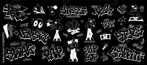  Graffiti street style hip hop music signs and character hand drawn doodle vector illustration 