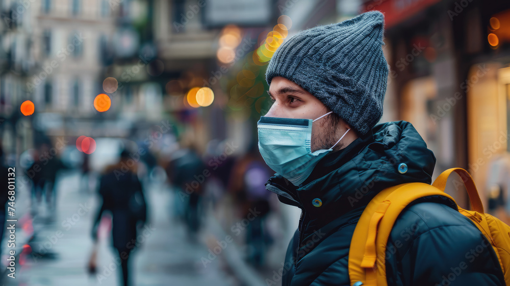 A person wearing a mask, beanie, and yellow jacket stands on a bustling city street, embodying urban life during health precautions. A person wearing a mask, beanie, and yellow jacket stands on a bustling city street, embodying urban life during health precautions.