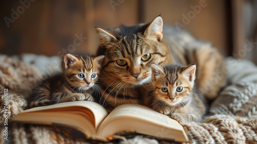 Mother cat and two cute kittens with a book in bed