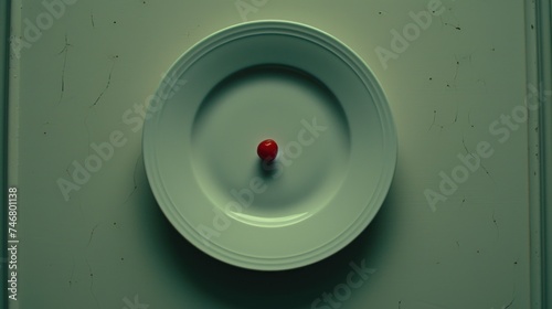 a close up of a white plate with a red object in the middle of the plate on the side of the plate. photo