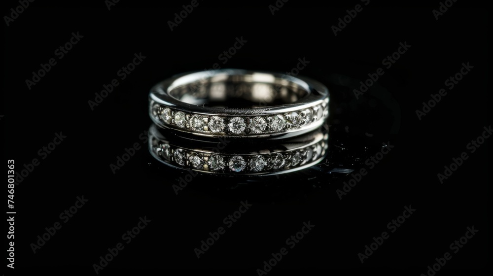 Platinum jewelry. Product shoot, macro shot, platinum wedding ring with diamond on shiny black surface. Dark background.