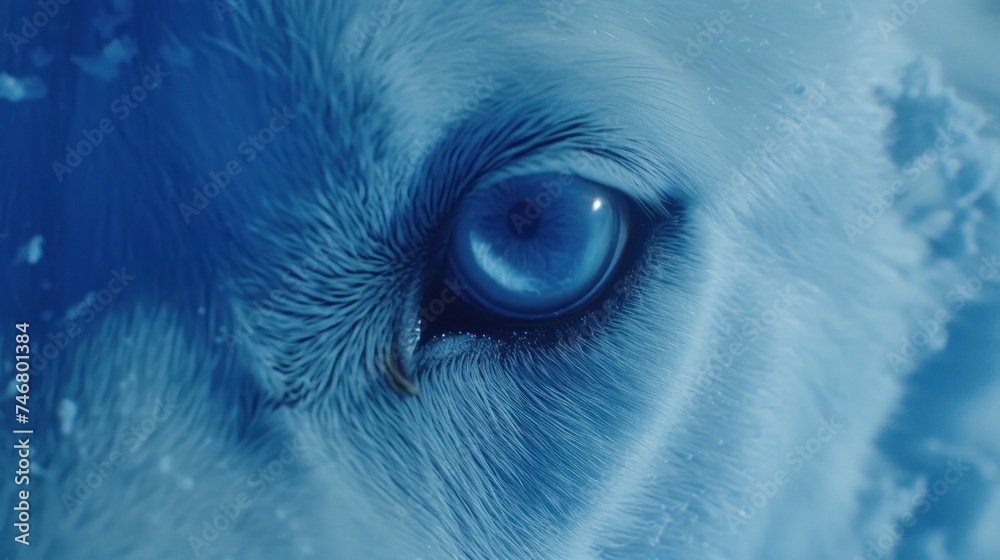 a close up of a horse's eye with snow on the ground in the foreground and a blue sky in the background.