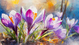 Beautiful Crocus flowers in nature. Smooth wet oil painting.