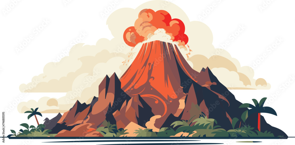 Erupting volcano smoke lava flow tropical setting. Explosive eruption ash cloud, palm trees. Nature disaster concept, geology, dramatic landscape vector illustration