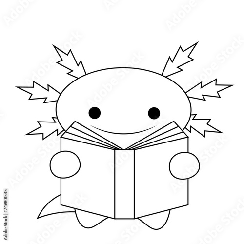 Cute cartoon Axolotl with book in black and white