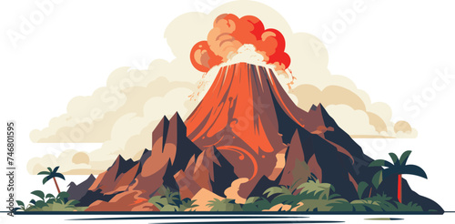 Obraz na płótnie Erupting volcano smoke lava flow tropical setting. Explosive eruption ash cloud, palm trees. Nature disaster concept, geology, dramatic landscape vector illustration w salonie