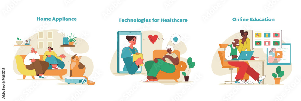 Senior tech engagement set. Vector illustration Senior tech engagement set. Vector illustration