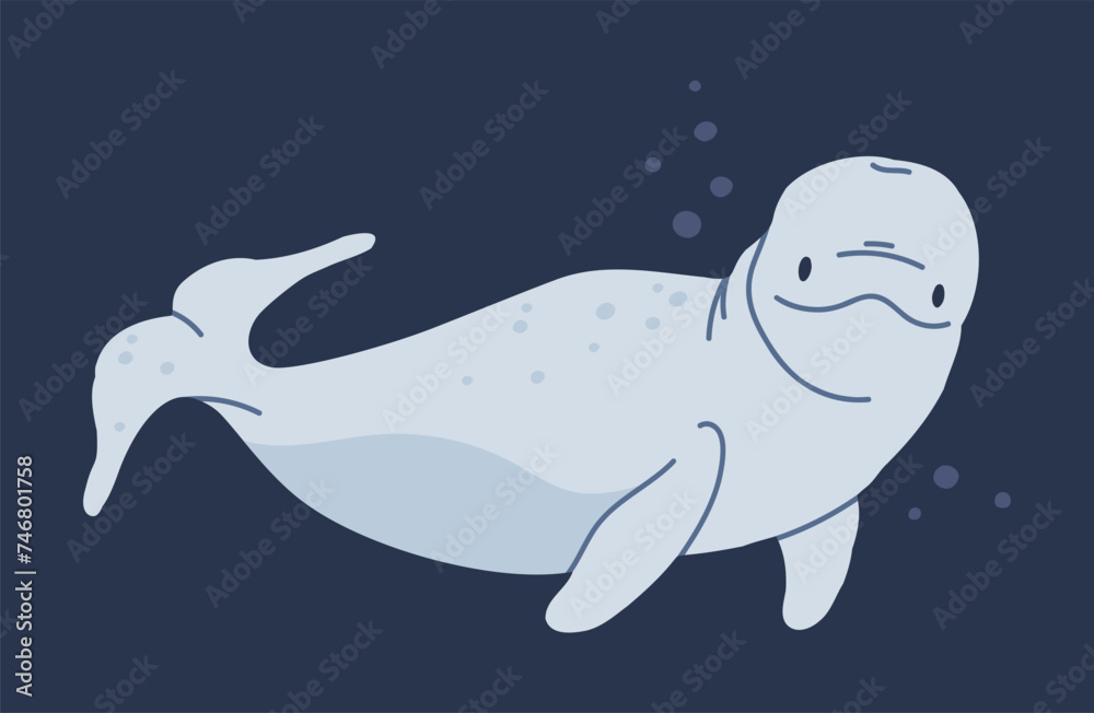 Obraz premium Beluga whale. Underwater mammal animal, hand drawn white whale, aquatic cute creature swimming in ocean flat vector illustration. White whale animal