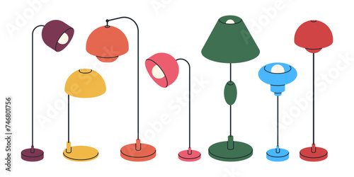 Floor lamps. Electric torchere light decor, modern floor lamps, cozy home electrical equipment flat vector illustration set. Hand drawn floor lamps on white