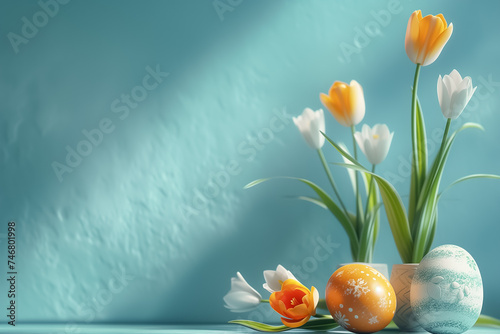 Easter card with pastel colors Easter eggs with flowers on blue background. free space