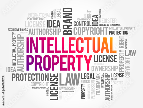 Intellectual Property - category of property that includes intangible creations of the human intellect, word cloud text concept background