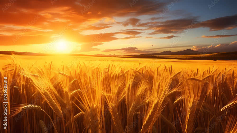 Obraz premium Wheat field in the sun close-up during harvest season