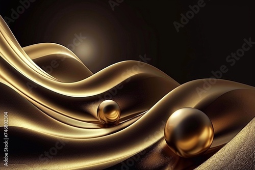 3d illustration of abstract wavy background with gold and black balls.  Generative AI  photo