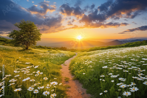 Serene June Morning: A Representation of the Beautiful Summer Starting with Lush Greenery and Blooming Daisies photo