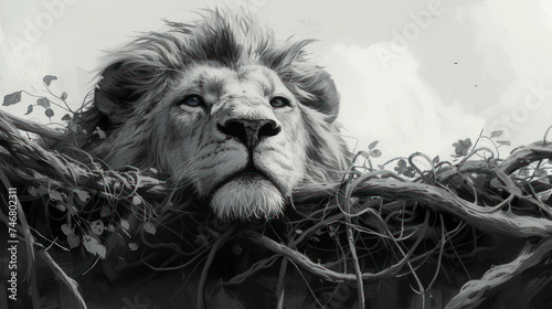 a black and white photo of a lion's face peeking out from the branches of a tree in front of a cloudy sky.