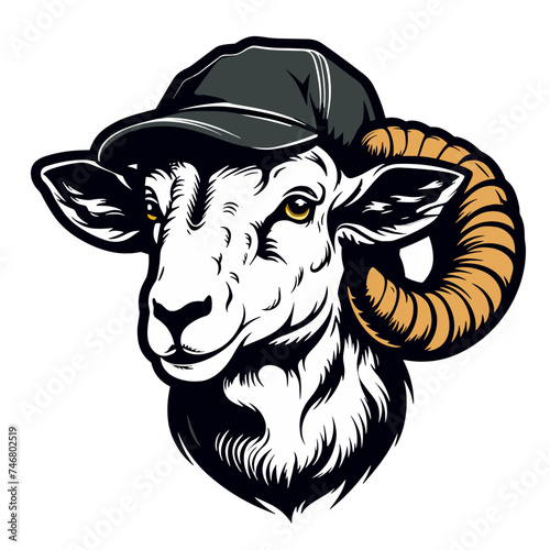 Head of a ram in a cap with horns. Vector illustration.
