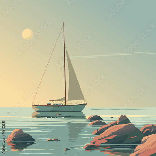Ocean Sea surface, yacht. Vector illustration, cartoon seascape or waterscape