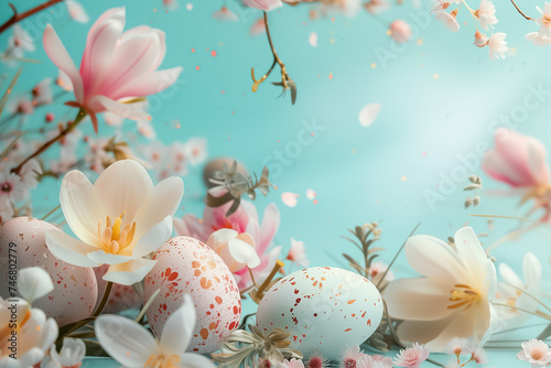 Easter card with pastel colors Easter eggs with flowers on blue background. free space