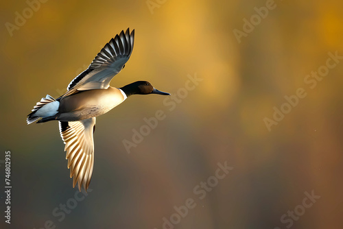 A Northern Pintail in flight exhibits graceful aerobatics, with its elongated neck stretched forward, slender body streamlined, and distinctive long, pointed tail feathers trailing elegantly behind  © Russell