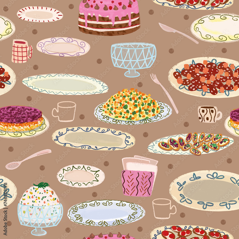 Seamless grey pattern with plates and snacks food. Kitchen illustration on the theme of cooking, recipes, restaurant, cafe, food delivery.