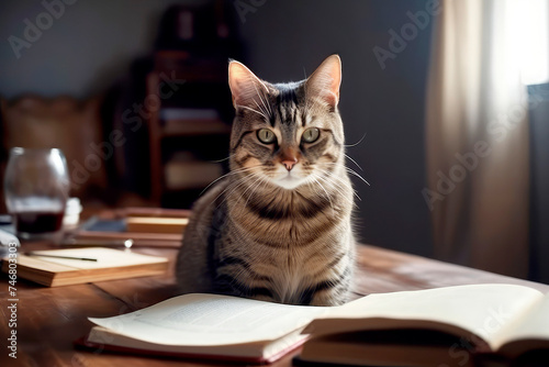 Funny intelligent cat with glasses at a table with books, Online courses, distance education concept.