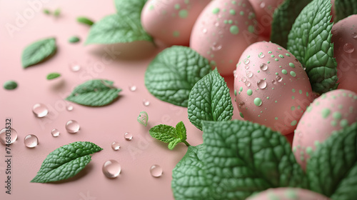  Easter eggs, green leaves and water drops against pink background. empty space. easter banner