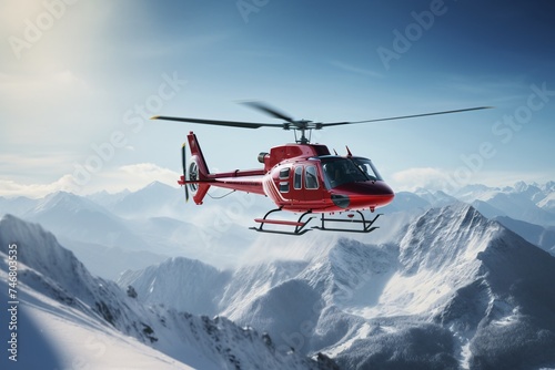 a red helicopter flying over snowy mountains