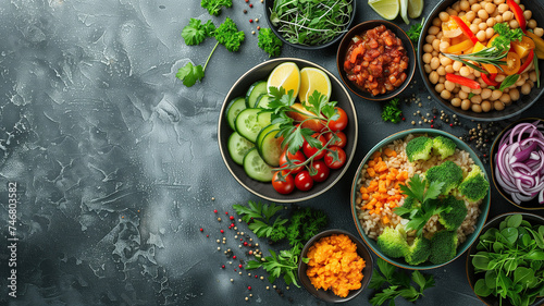 Assortment of healthy food dishes on a dark background, copyspace