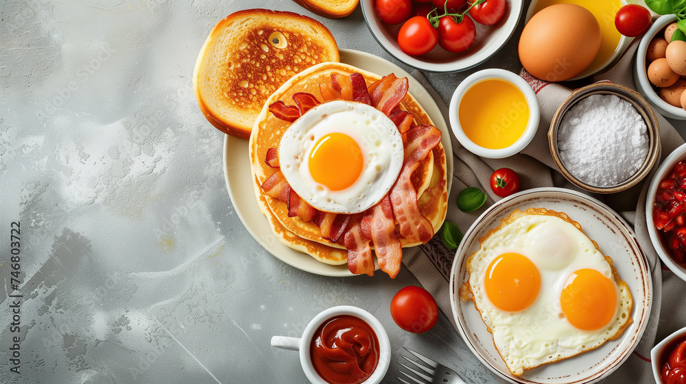 Breakfast with bacon, eggs, toast and other ingredients Breakfast with bacon, eggs, toast and other ingredients